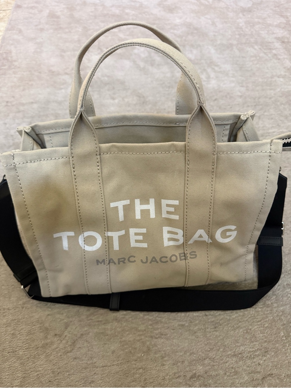 Marc Jacobs Beige Canvas Messenger Tote with Black Strap